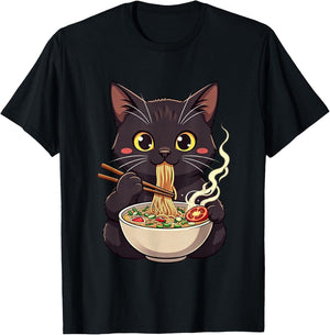 Cat Eating Ramen Cute Animal Cats Lovers T-Shirt - T-Shirt | Black