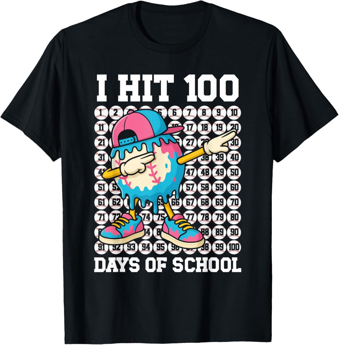 I Hit 100 Days of School Baseball Ice Cream Drip Boys Girls T-Shirt - T-Shirt | Black