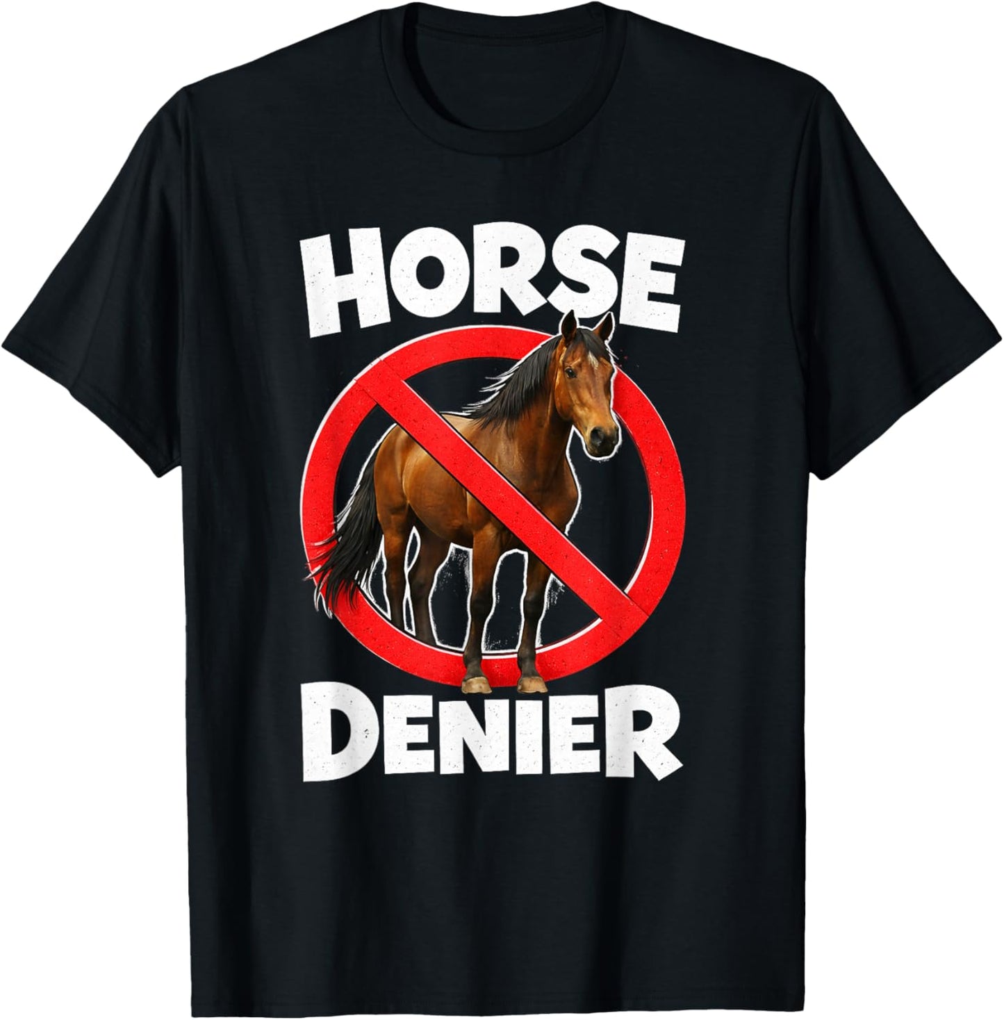 Horse Denier Conspiracy Theory Absurd Stupid Funny Gen Z T-Shirt - T-Shirt | Black