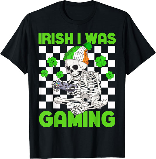Irish I was Gaming Boys St Patricks Day Skeleton Gamer T-Shirt - T-Shirt | Black