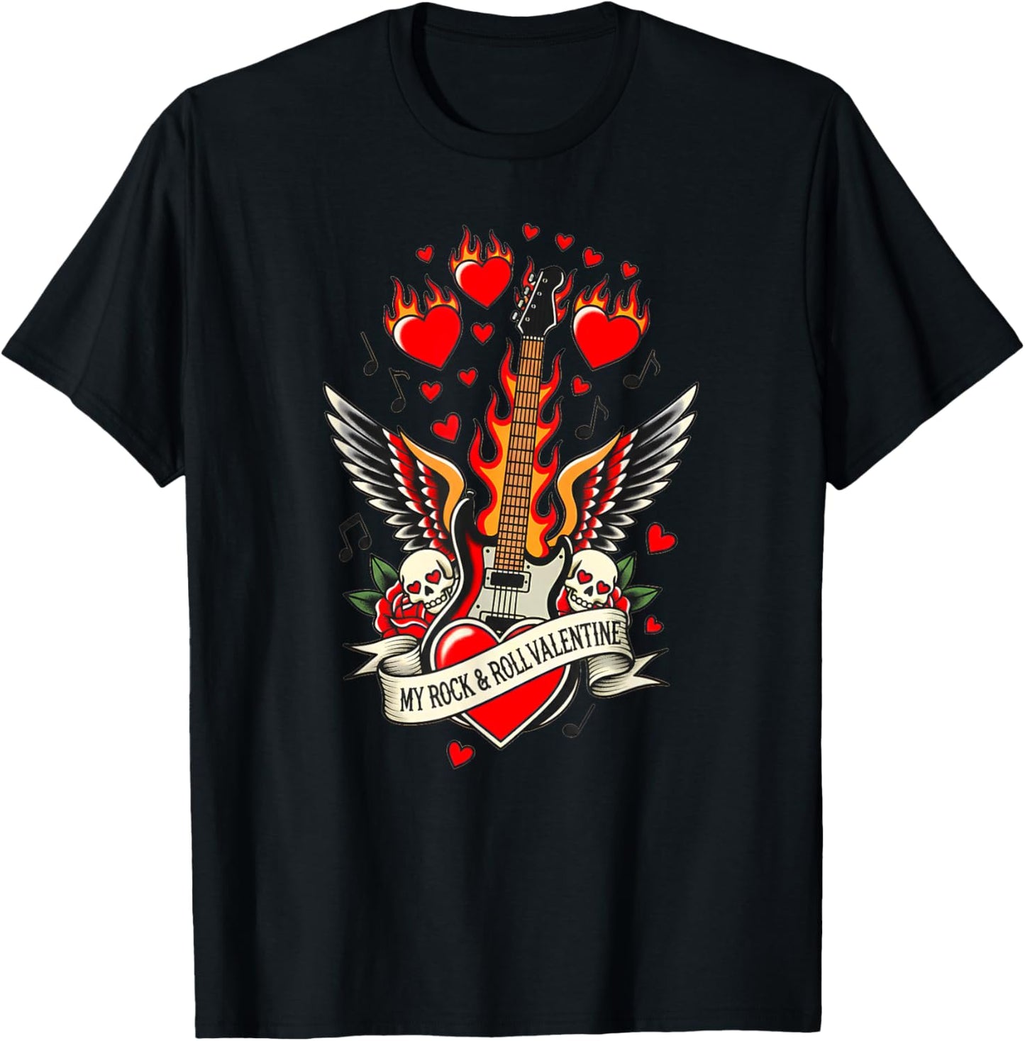 Valentine’s My Rock and Roll Valentine Guitar Wings Skulls T-Shirt - T-Shirt | Black