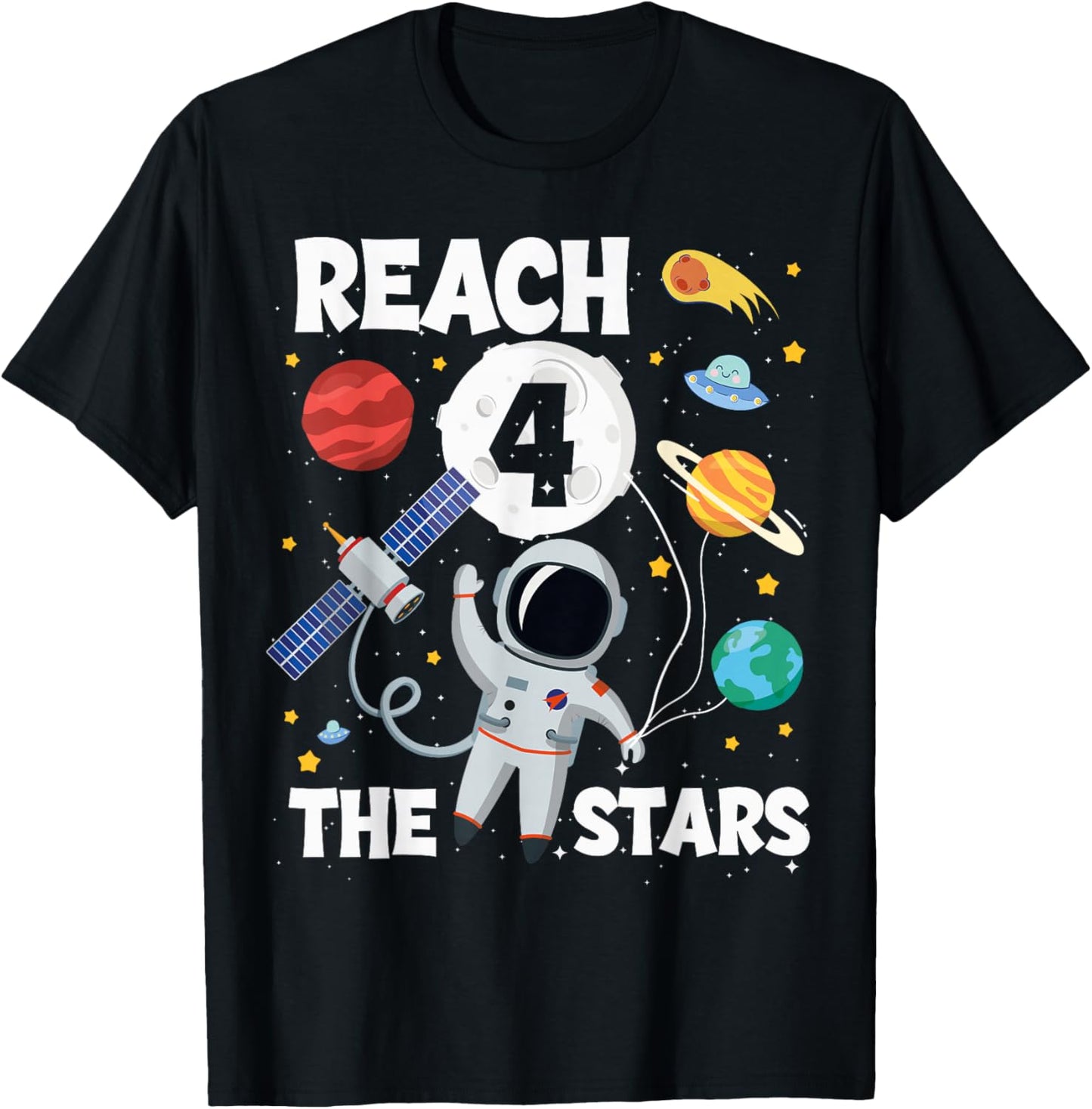 Reach Four The Stars 4 Years Old Birthday Boy Astronaut 4th T-Shirt - T-Shirt | Black