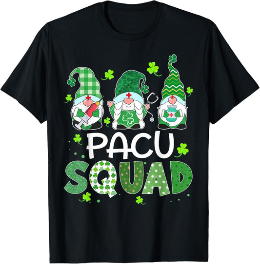 Pacu Squad Gnome Nurse Stethoscope Shamrock St Patricks Day T-Shirt - T-Shirt | Black