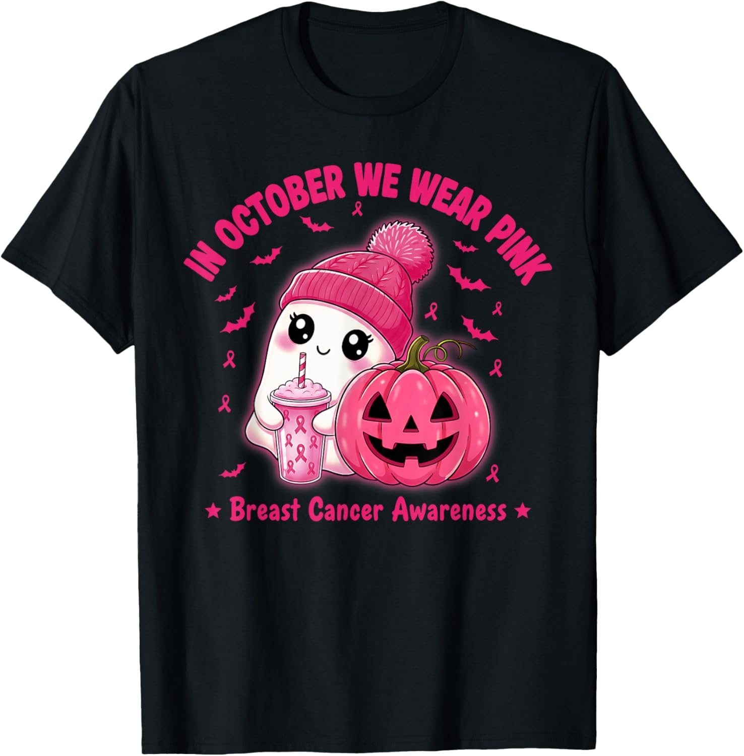 in October We Wear Pink Cute Ghost Breast Cancer Awareness T-Shirt - T-Shirt | Black