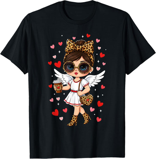 Leopard Cupid Drinking Coffee Valentines Day Women Heart T-Shirt - T-Shirt | Black