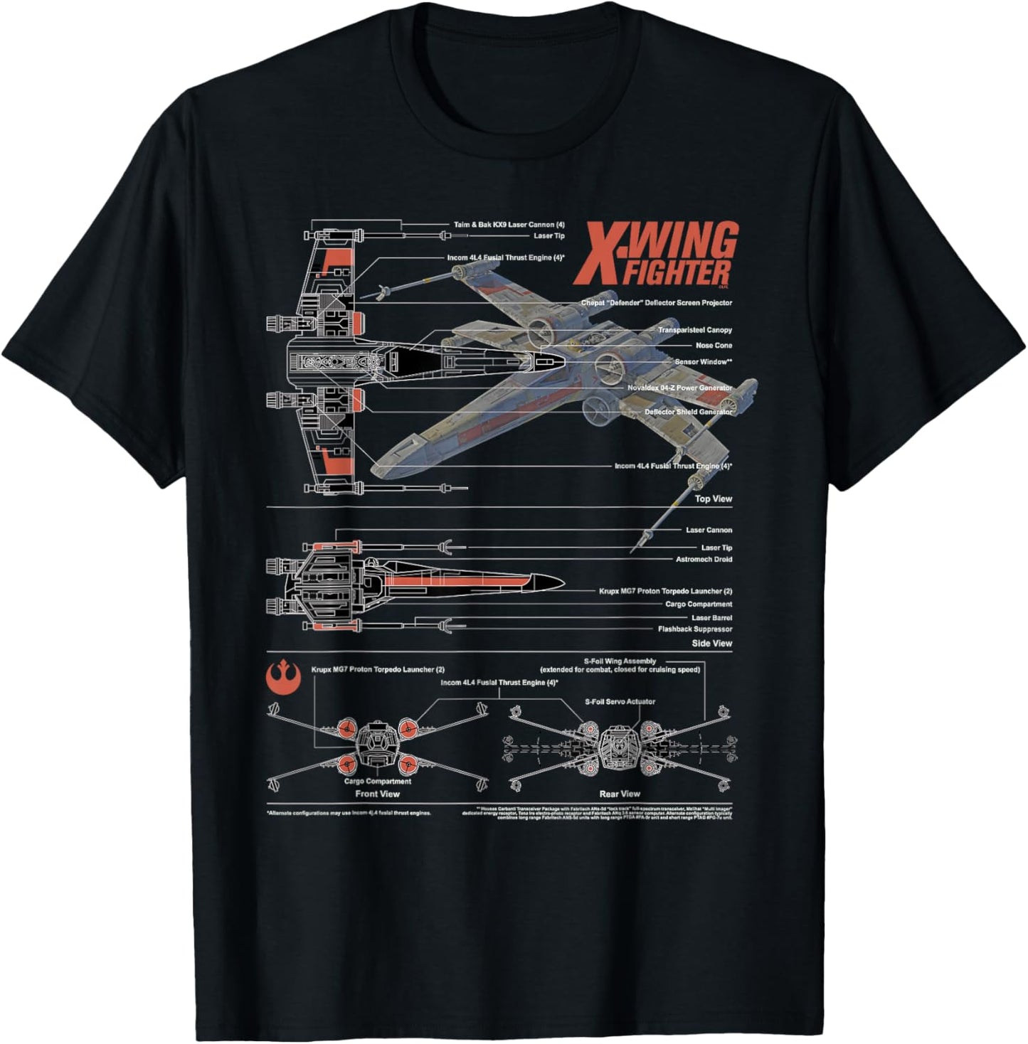Star Wars Rebel X-Wing Fighter T-65B Schematic Blueprint T-Shirt - T-Shirt | Black