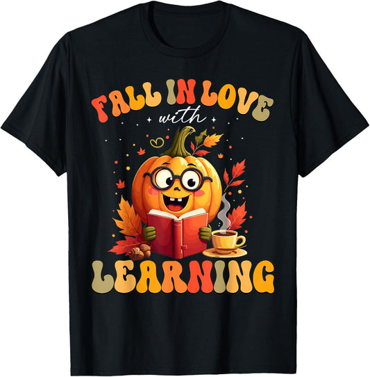 Retro Fall in Love with Learning Autumn Pumpkin Teacher Kids T-Shirt - T-Shirt | Black