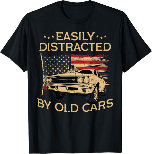 Easily Distracted by Old Cars US Flag Vintage Patriotic Men T-Shirt - T-Shirt | Black