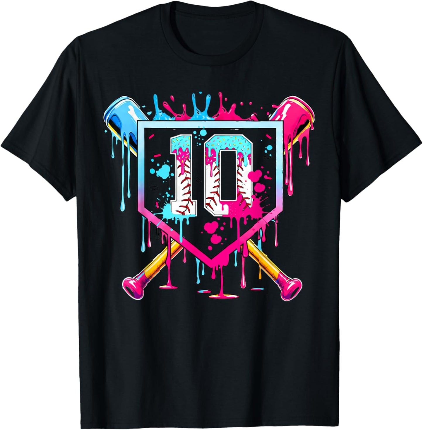 10th Birthday Boys Baseball Ice Cream Drip Boys Baseball T-Shirt - T-Shirt | Black