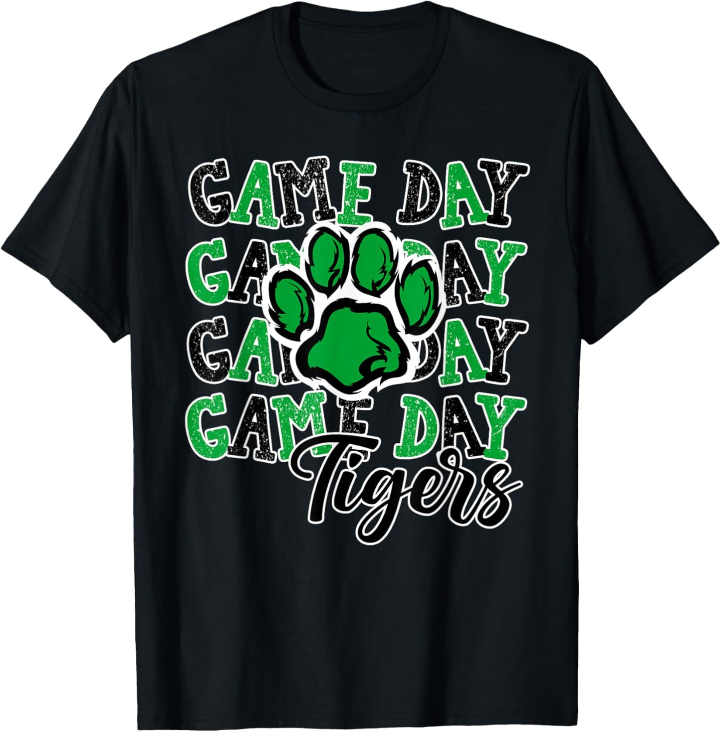 Game Day Tigers Green Paw Print School Spirit Mascot Tiger T-Shirt - T-Shirt | Black