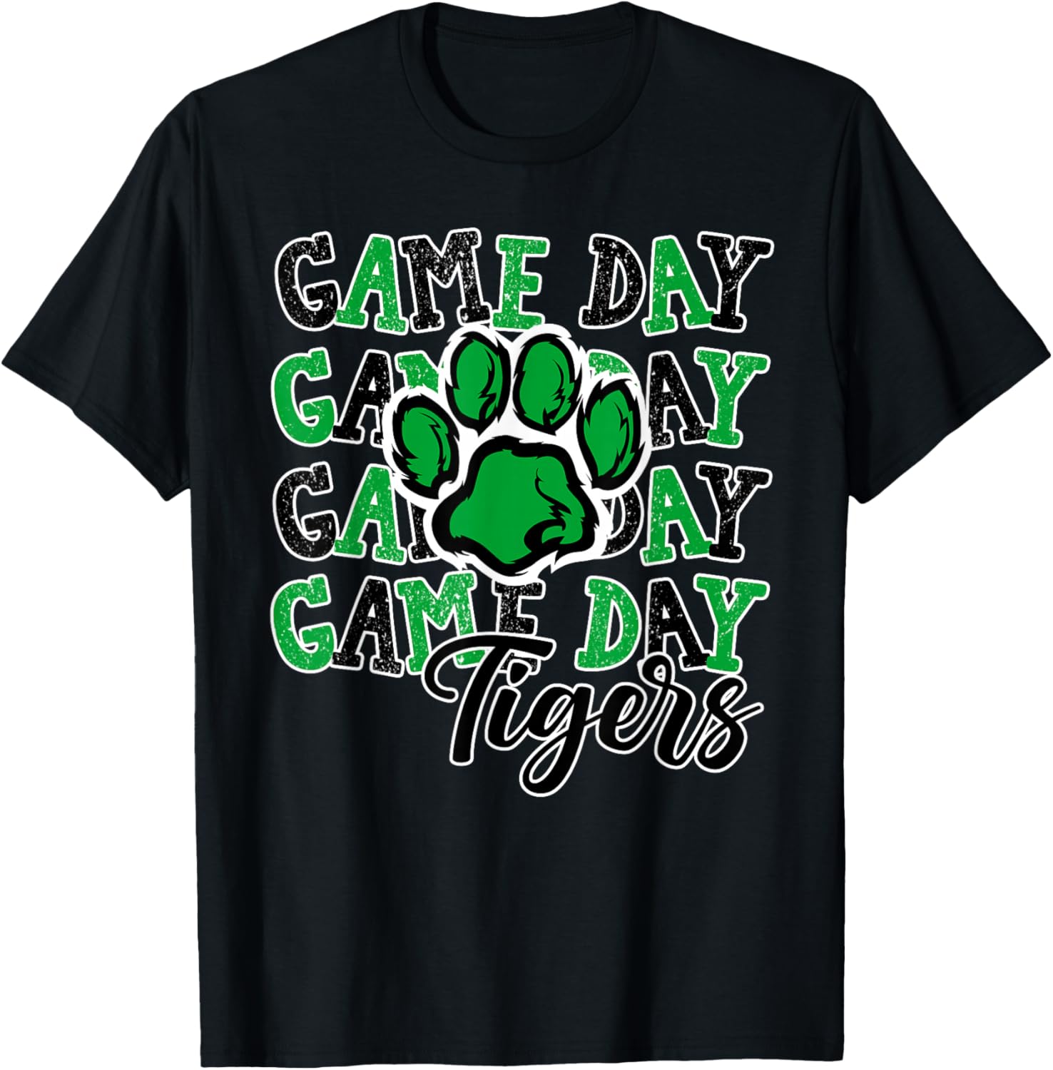 Game Day Tigers Green Paw Print School Spirit Mascot Tiger T-Shirt - T-Shirt | Black