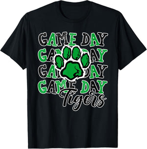 Game Day Tigers Green Paw Print School Spirit Mascot Tiger T-Shirt - T-Shirt | Black