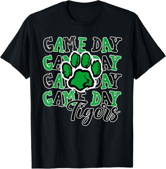 Game Day Tigers Green Paw Print School Spirit Mascot Tiger T-Shirt - T-Shirt | Black