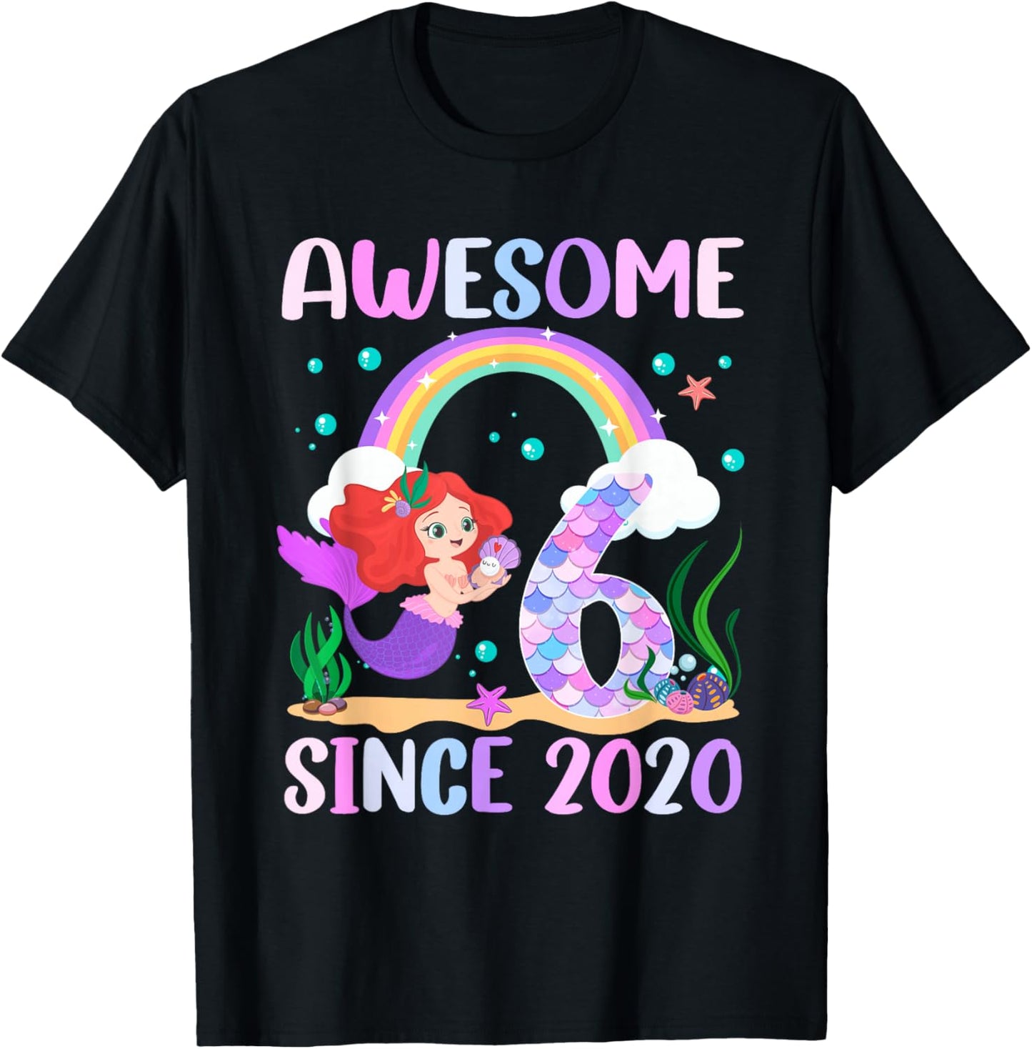 6th Birthday Girl Mermaid Theme Awesome Since 2020 T-Shirt - T-Shirt | Black