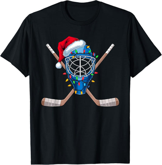 Christmas Ice Hockey Player Santa Sport Hockey Goalie Xmas T-Shirt - T-Shirt | Black