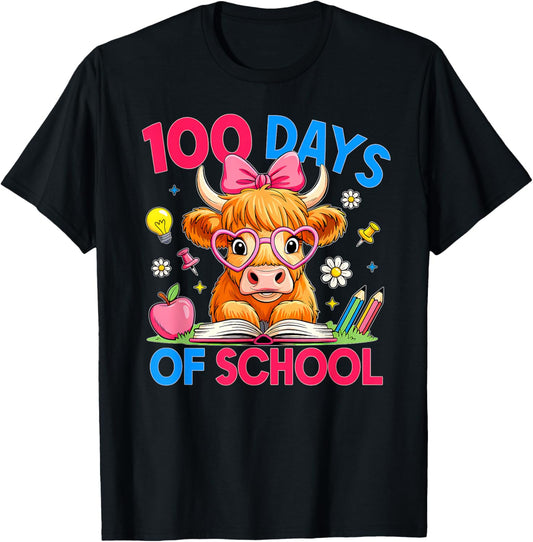 Highland Cow 100 Days of School Teacher Kids 100th Day T-Shirt - T-Shirt | Black