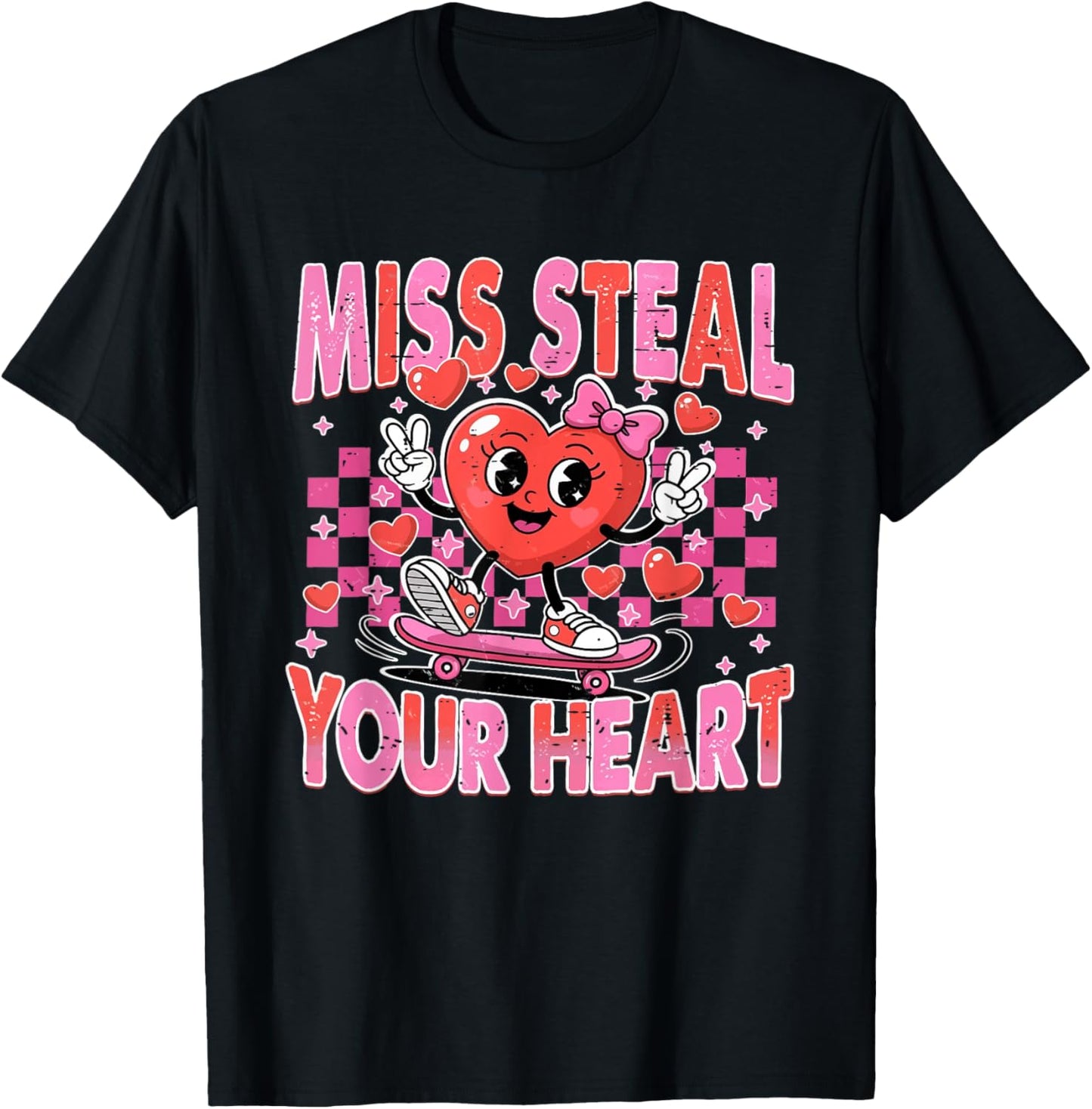 Retro Checkered Miss Steal Your Heart Cute Skating Valentine T-Shirt - T-Shirt | Black