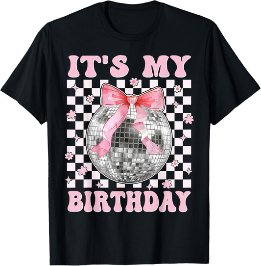 Groovy It's My Birthday Teens Girls Disco Ball Coquette Bow T-Shirt - T-Shirt | Black