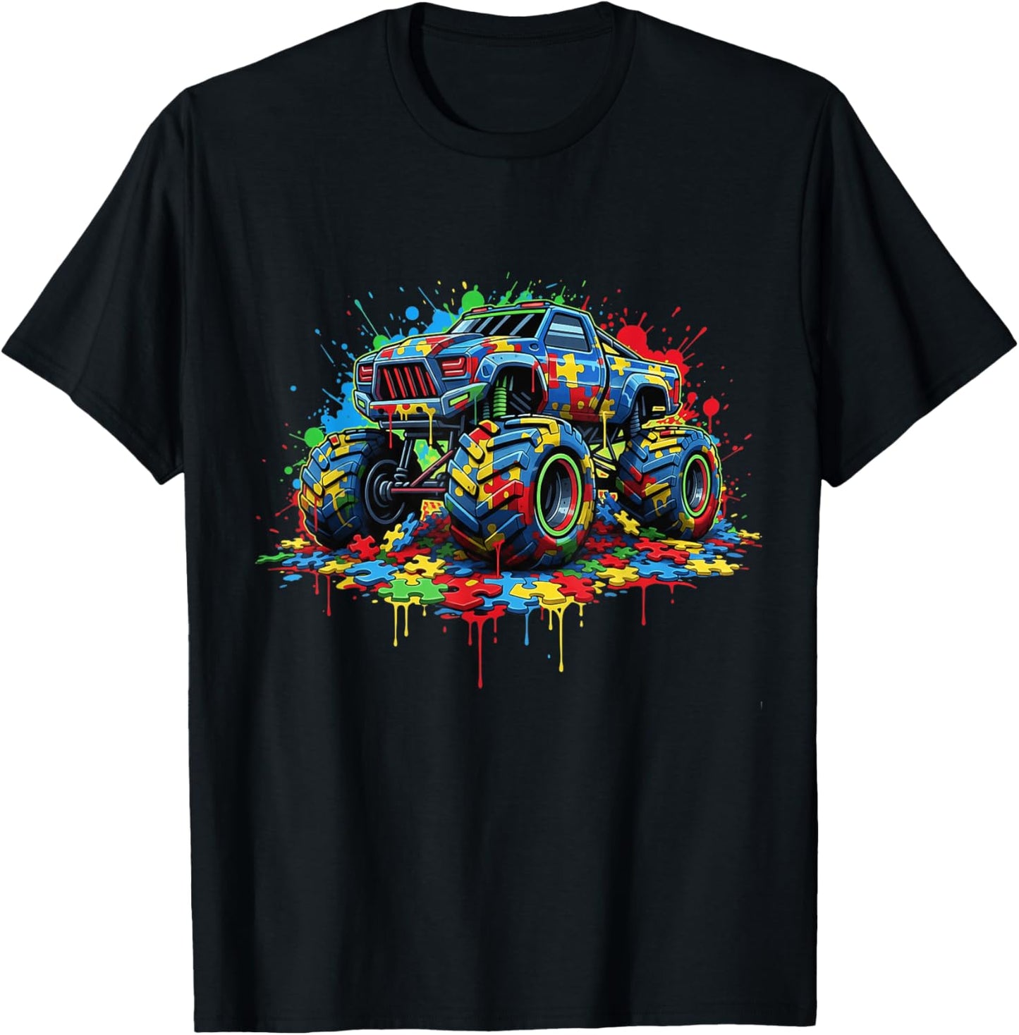Autism Dripping Monster Trucks Drip Autism Awareness T-Shirt - T-Shirt | Black