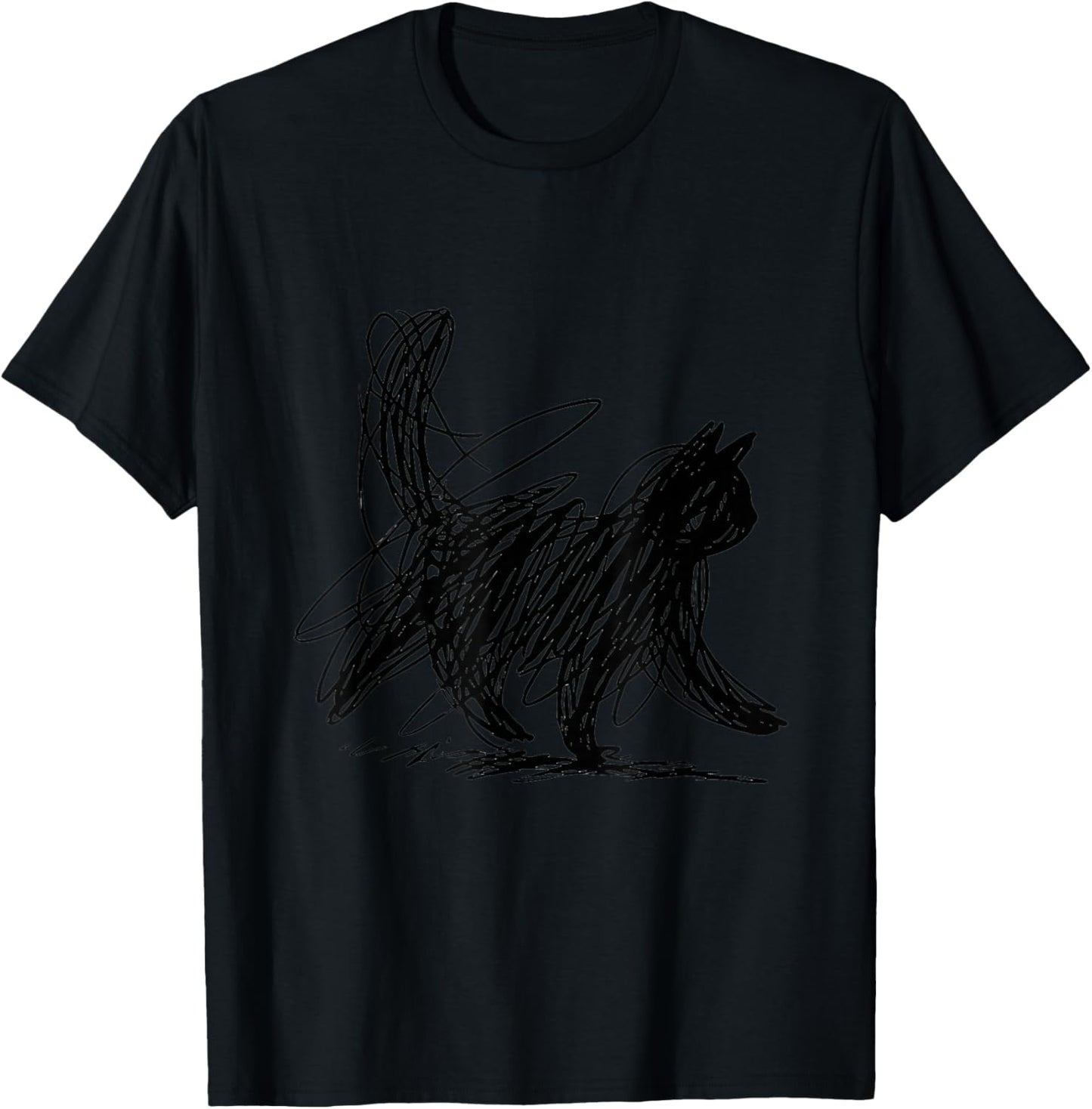 Abstract Scribble Black Cat Minimal Line Art Aesthetic T-Shirt - T-Shirt | Black