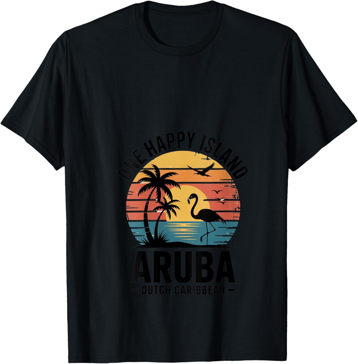 Women's Aruba One Happy Island Flamingo Sunset Retro Vintage Beach V-Neck T-Shirt - T-Shirt | Black