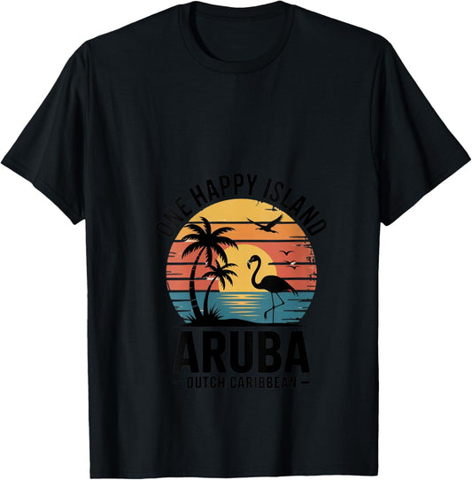 Women's Aruba One Happy Island Flamingo Sunset Retro Vintage Beach V-Neck T-Shirt - T-Shirt | Black