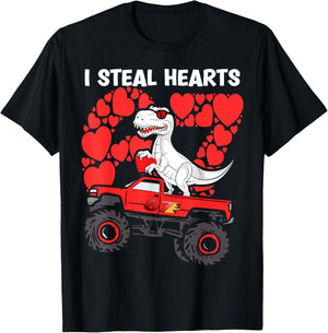 Valentines Day Boys Kids I Steal Hearts trex Truck 67 T-Shirt - T-Shirt | Black