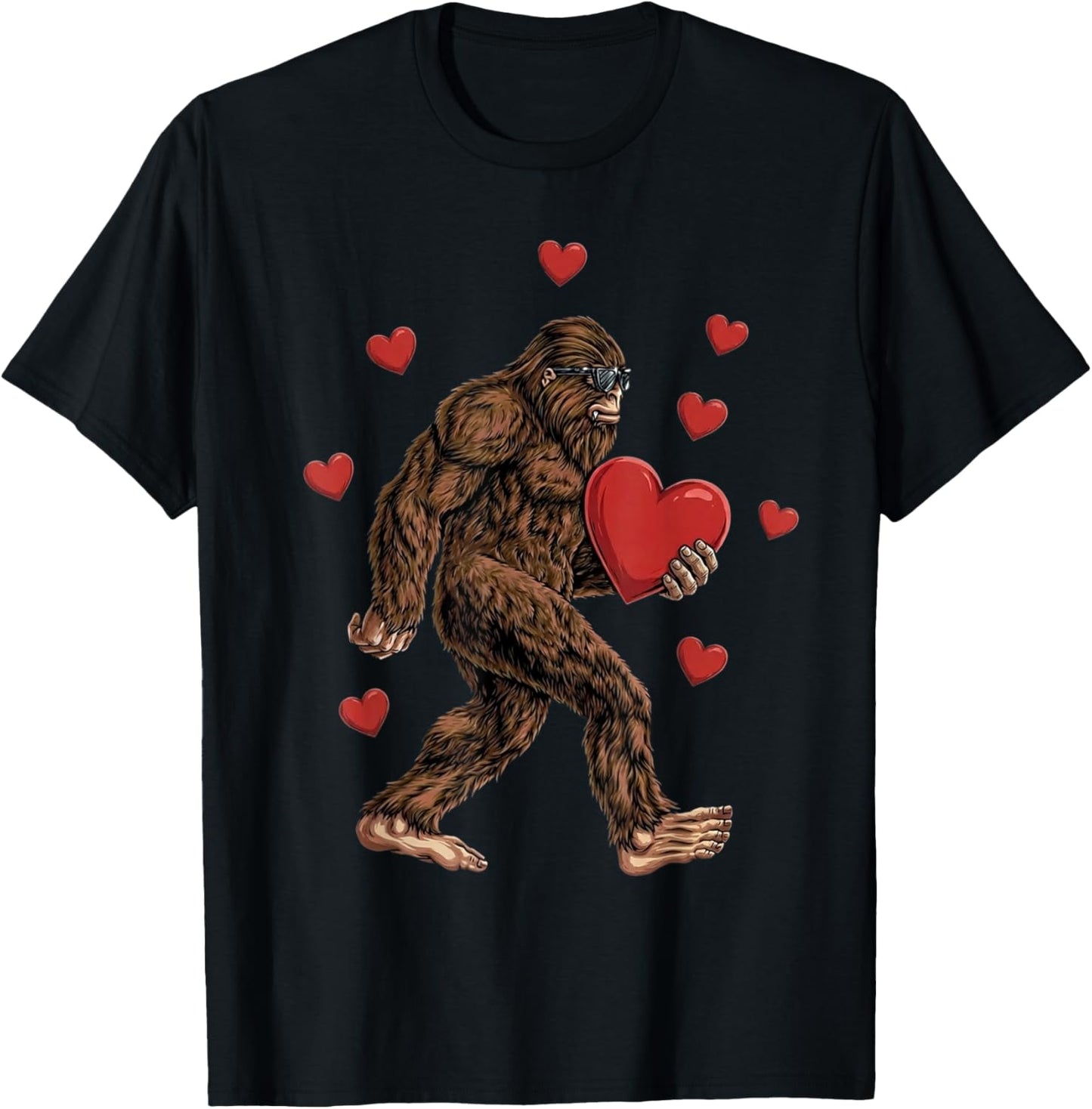 Red Hearts Valentines Day Bigfoot Funny Sasquatch Big Foot T-Shirt - T-Shirt | Black