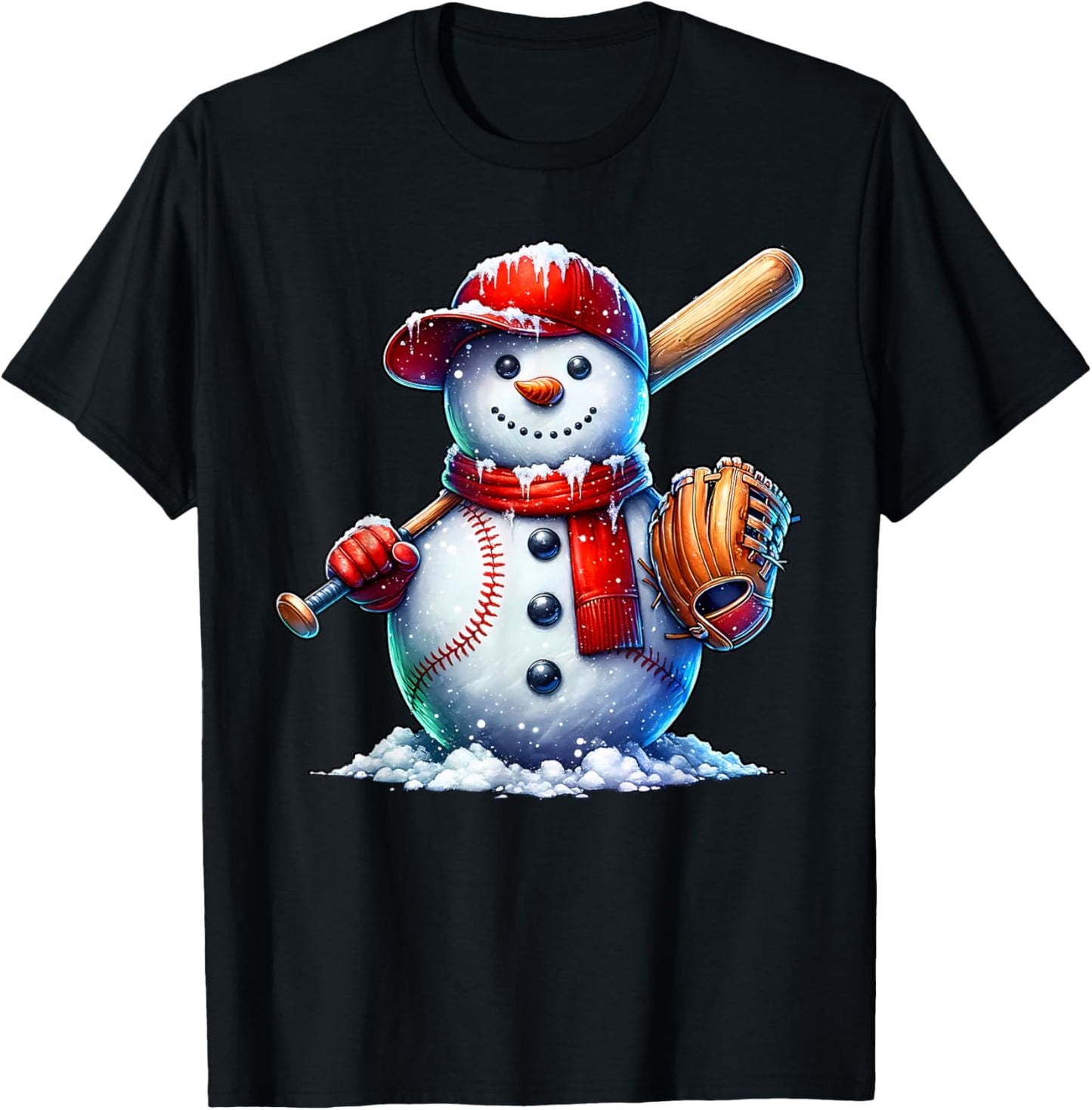 Cute Christmas Baseball Snowman Game Day Women Men Boys Kids T-Shirt - T-Shirt | Black