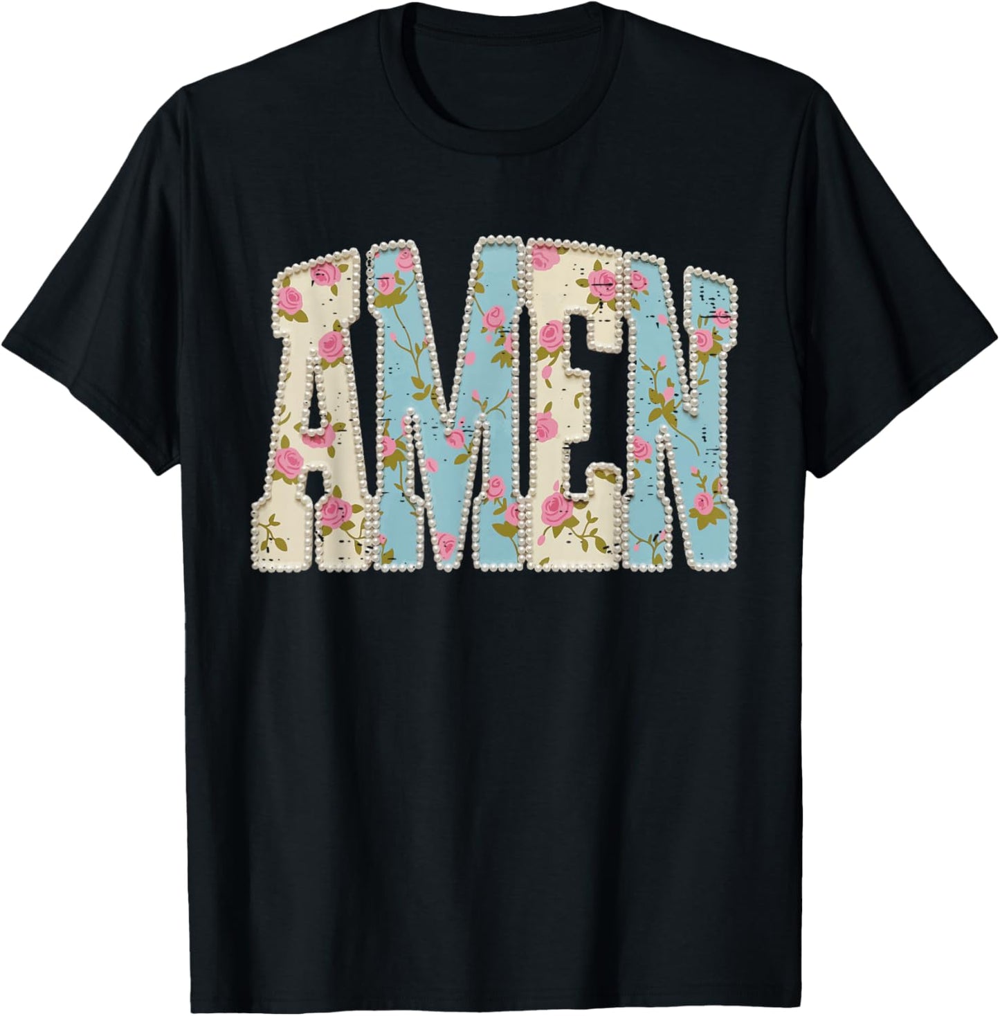 Retro Boho Floral Amen Pearls Religious Christian Easter Day T-Shirt - T-Shirt | Black