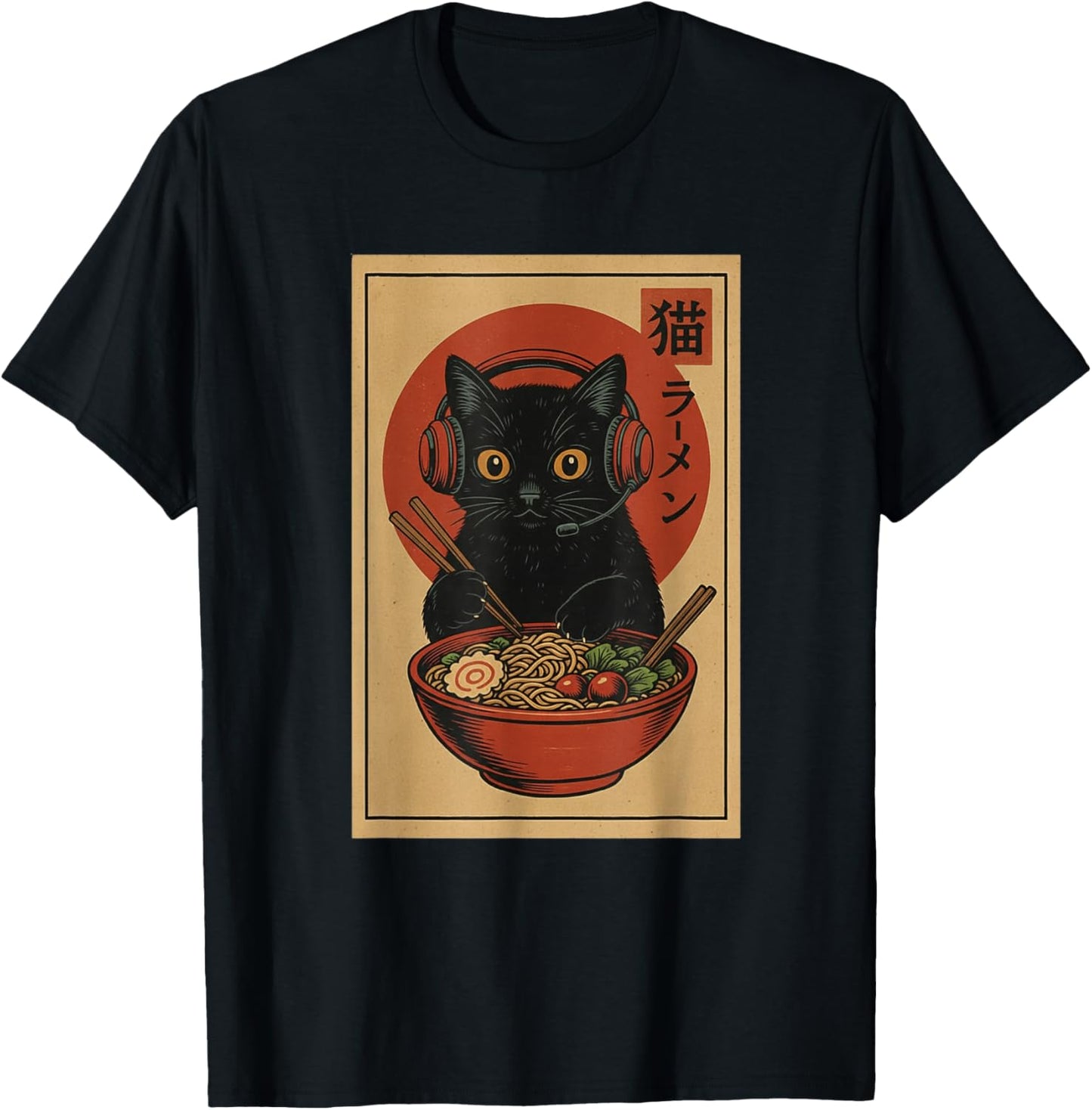 Cute Kawaii Gamer Cat Funny Ramen Retro Japanese Cat Gaming T-Shirt - T-Shirt | Black