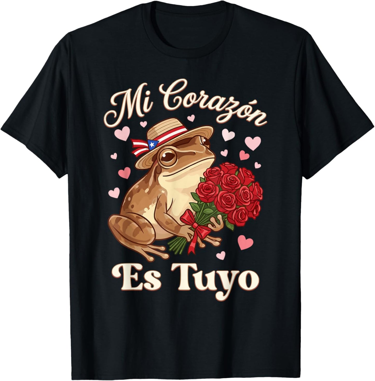 Mi Corazón ES Tuyo Coquí Frog with Roses Boricua Valentine T-Shirt - T-Shirt | Black