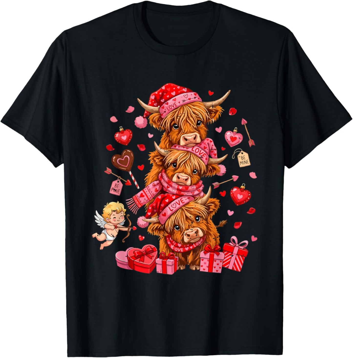 Funny Valentine Highland Cow Lover XOXO Be Mine Cute Cupid T-Shirt - T-Shirt | Black