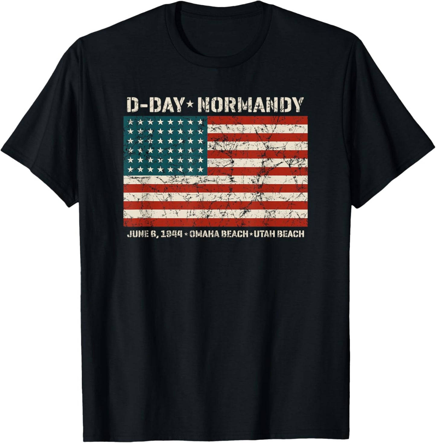 D-Day Normandy Omaha Utah Beaches 48 Star American Flag Aged T-Shirt - T-Shirt | Black