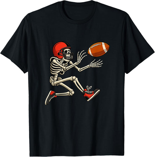 Funny Halloween Football Skeleton Catching a Football Gifts T-Shirt - T-Shirt | Black