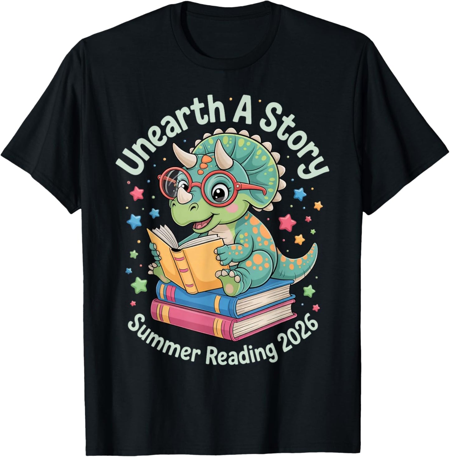 Unearth A Story Summer Reading 2026 Cute Dinosaur Reading T-Shirt - T-Shirt | Black