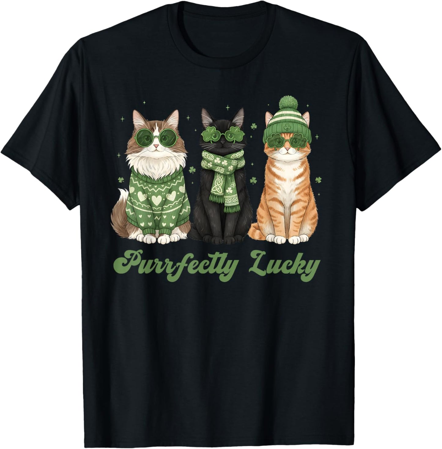 Purrfectly Lucky Cat St Patrick’s Funny Irish Shamrock Cat T-Shirt - T-Shirt | Black
