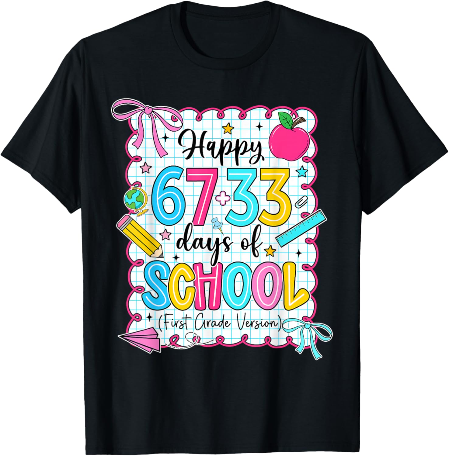 Happy 67+33 Days of School Coquette 100 Days 1st Grade T-Shirt - T-Shirt | Black