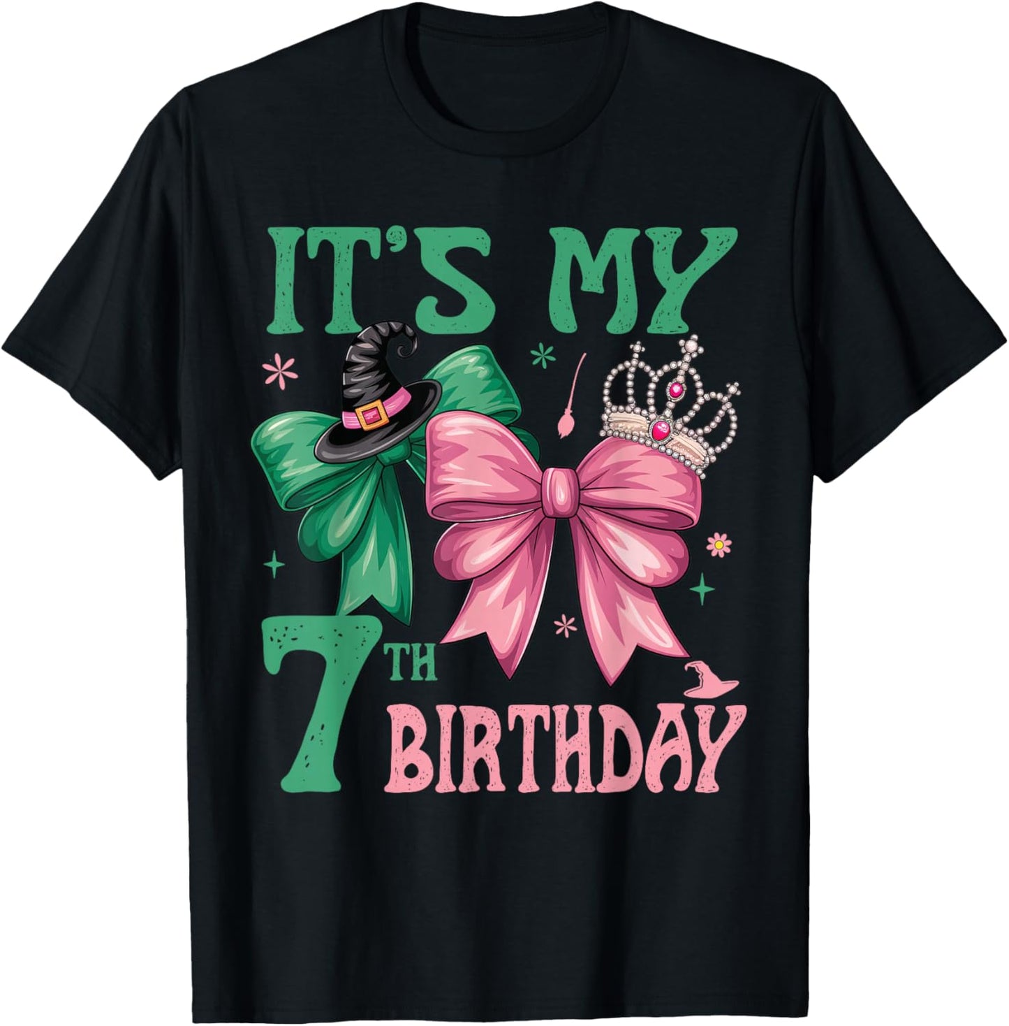7th Birthday Girl Its My 7th Birthday Witch Pink and Green T-Shirt - T-Shirt | Black