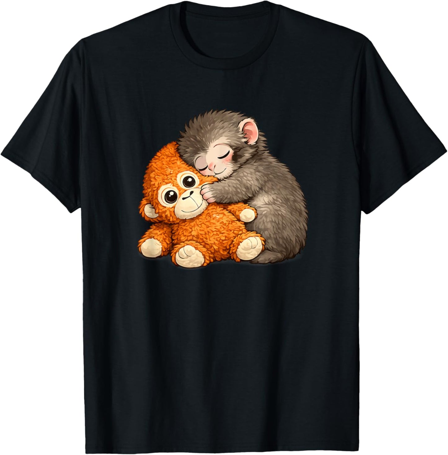 Punch Monkey with Teddy Bear Cuddling Meme Viral Internet T-Shirt - T-Shirt | Black