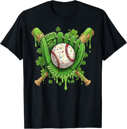 Lucky Shamrock Baseball Gloves Drip St Patrick's Day Boys T-Shirt - T-Shirt | Black