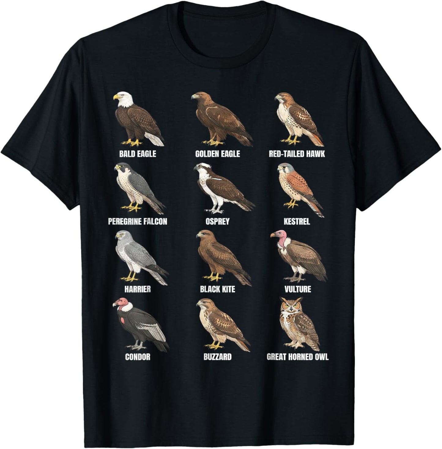 Birds of Prey Raptors Species Chart T-Shirt - T-Shirt | Black
