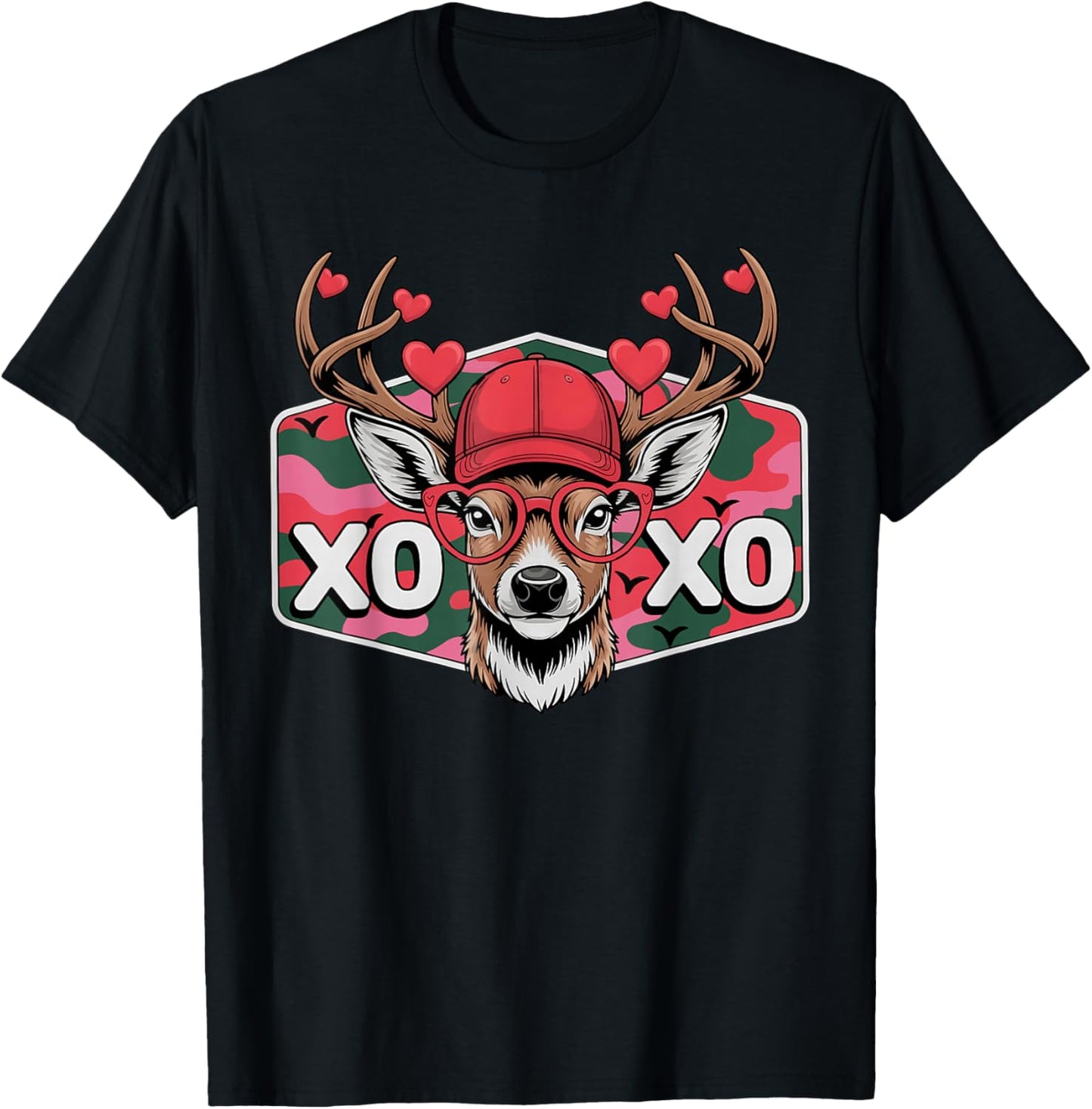 Valentine Retro Camo Buck XOXO Love Deer Hunting Cute Hunter T-Shirt - T-Shirt | Black