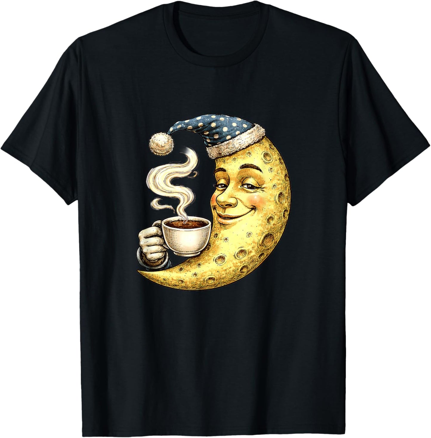 Sleepy Crescent Moon with Coffee T-Shirt - T-Shirt | Black