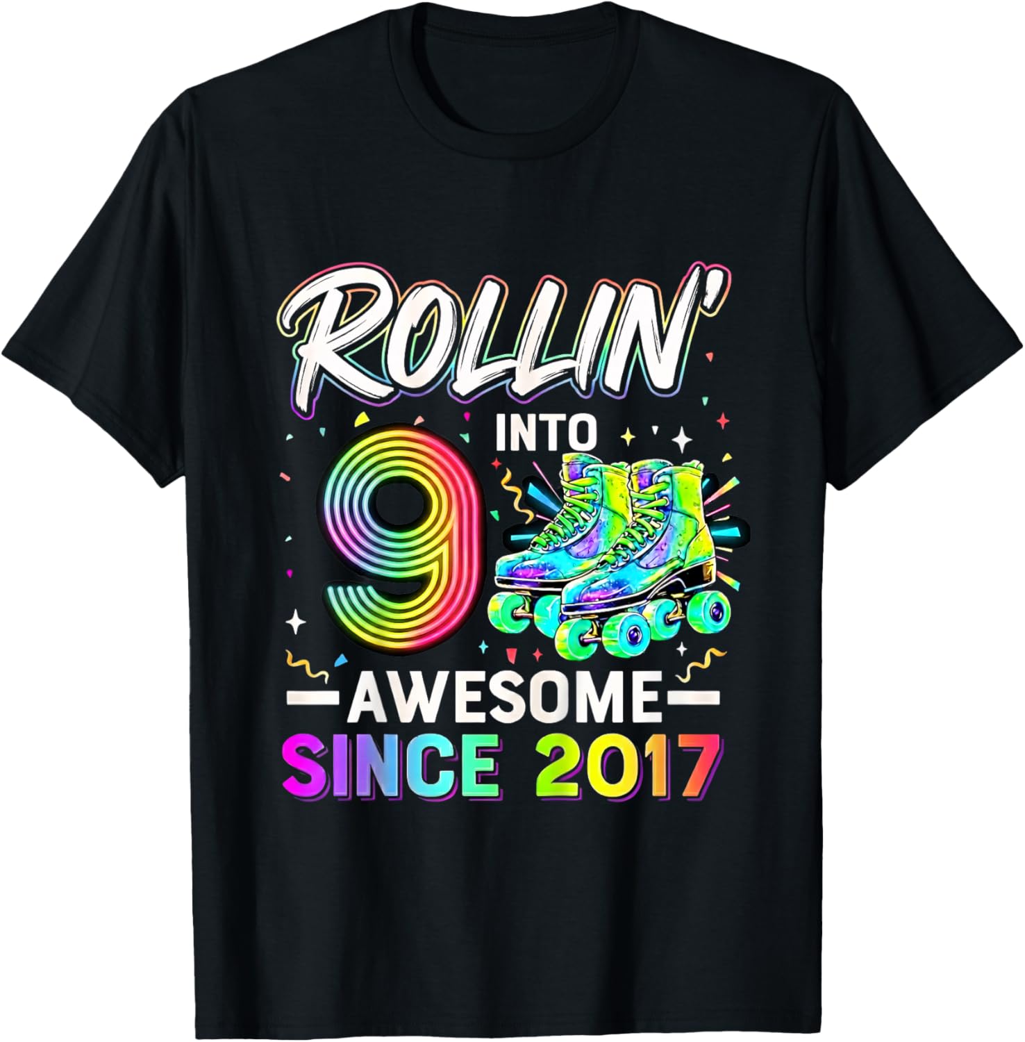 Rollin' Into 9 Awesome Since 2017 Roller Skating Birthday T-Shirt - T-Shirt | Black