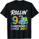 Rollin' Into 9 Awesome Since 2017 Roller Skating Birthday T-Shirt - T-Shirt | Black