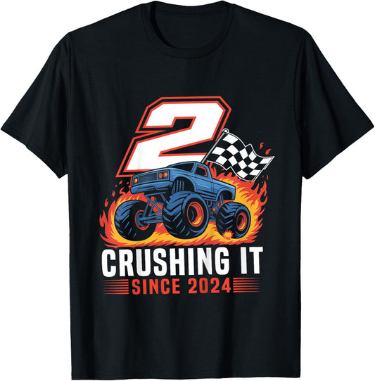 Birthday Monster Truck 2 Year Old Boys 2nd Party Born 2024 T-Shirt - T-Shirt | Black