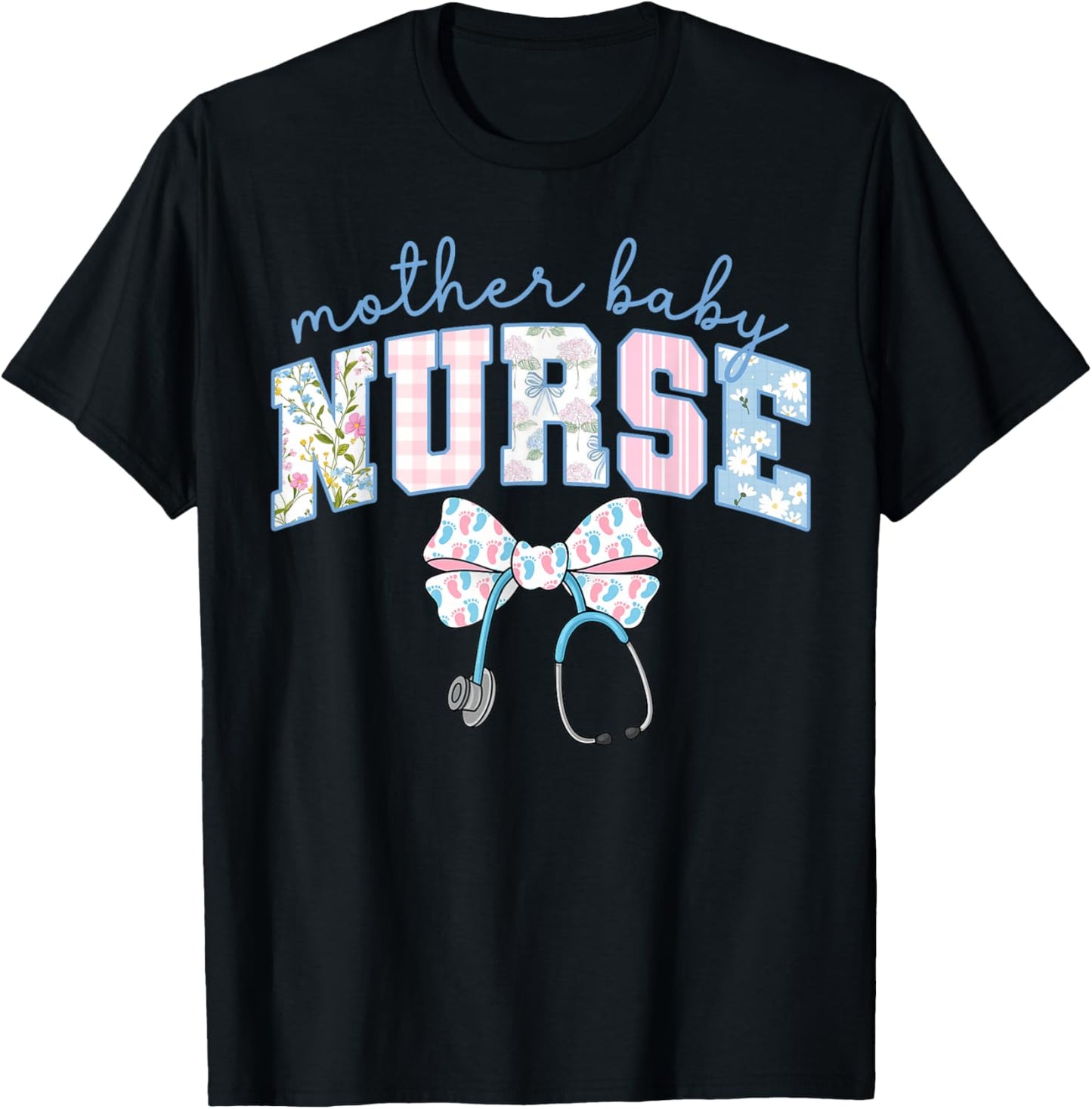Mother Baby Nurse Team Coquette Blue Stethoscope Bow Doctor T-Shirt - T-Shirt | Black