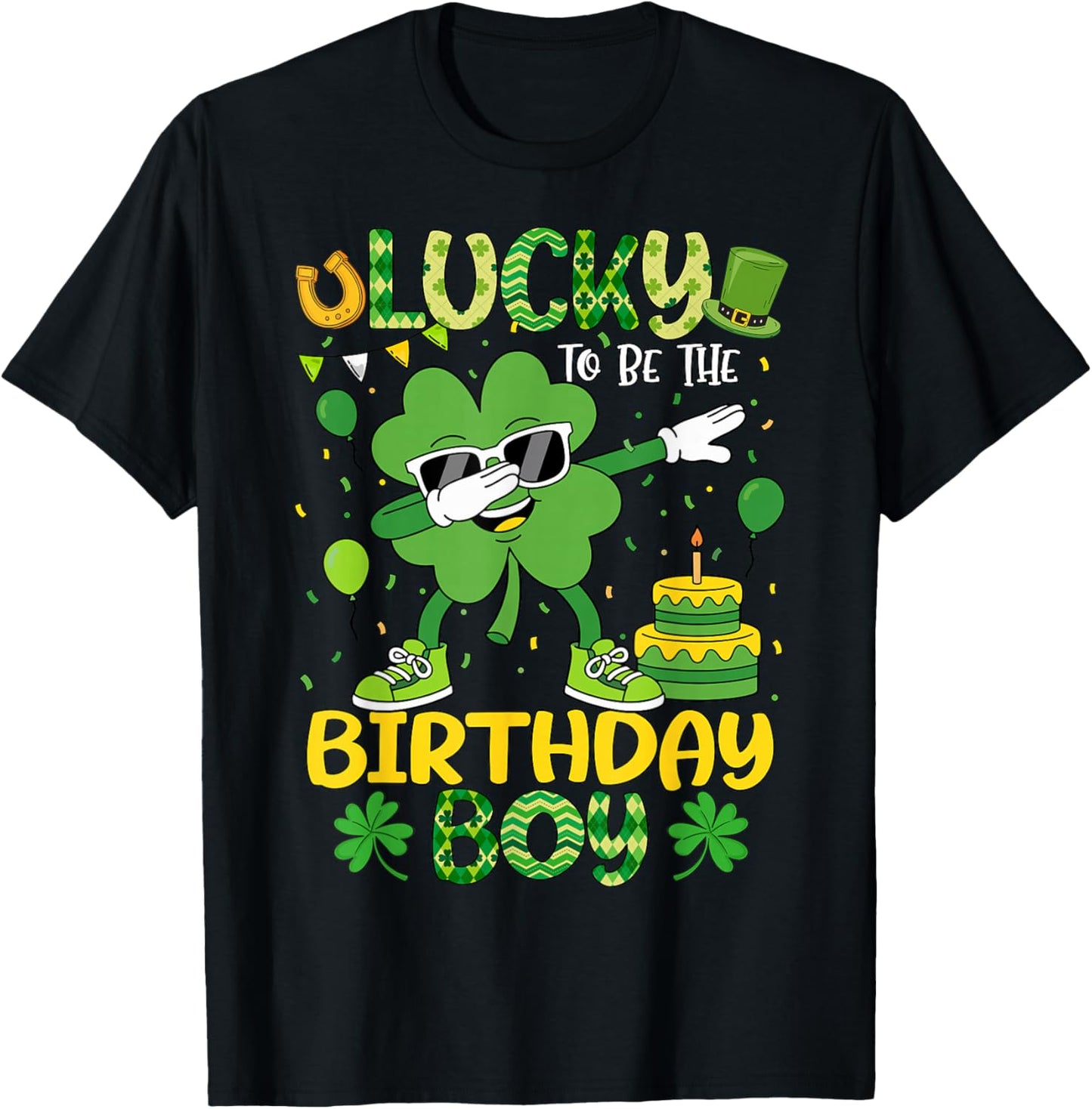 St Patricks Day Lucky Birthday Boy Shamrock Boy Men Kids T-Shirt - T-Shirt | Black