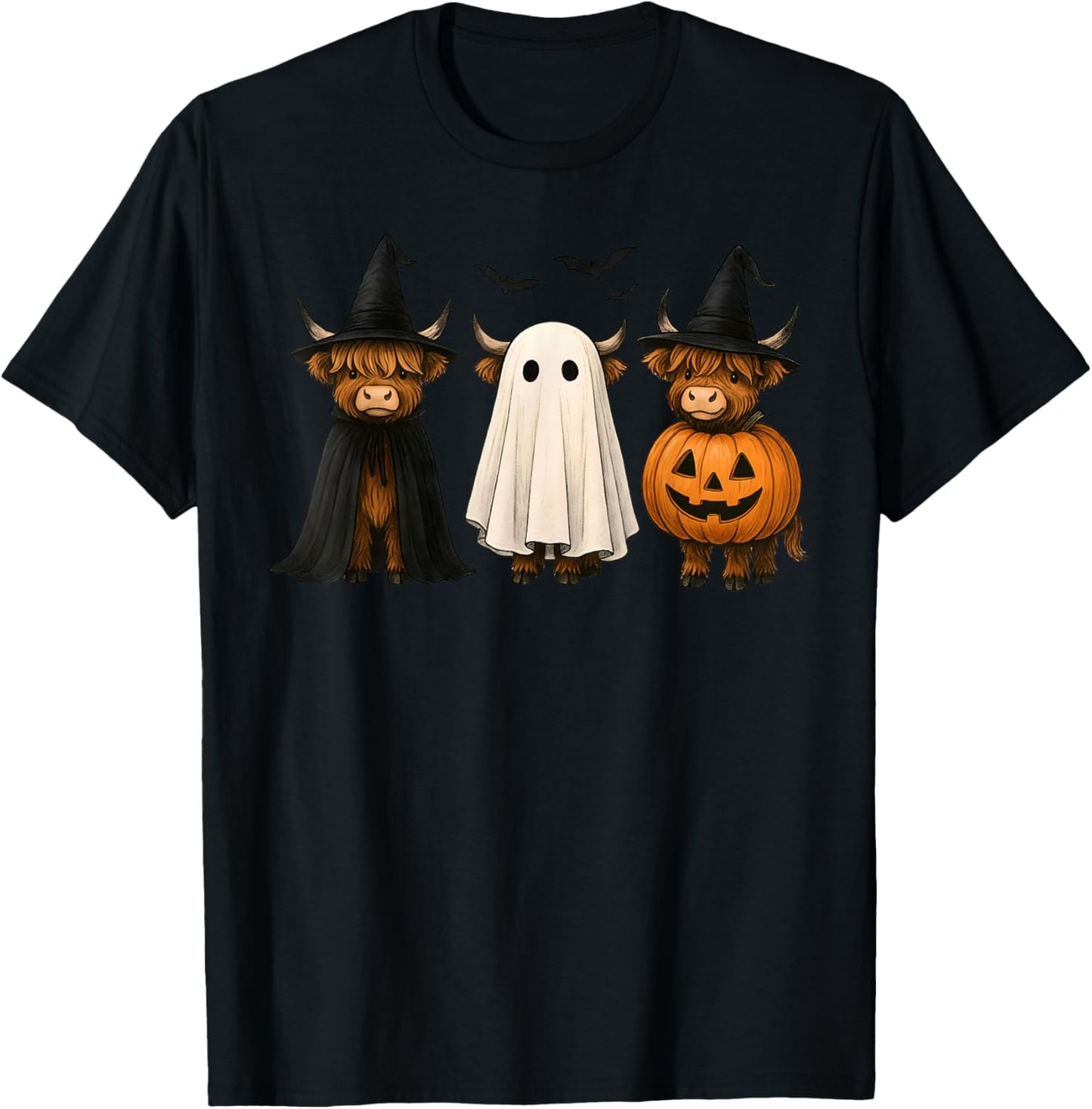 Funny Highland Cow with Spooky Halloween Costume Farmer T-Shirt - T-Shirt | Black